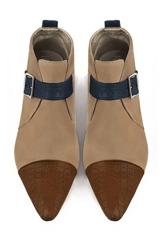 Caramel brown, tan beige and denim blue women's ankle boots with buckles at the front. Tapered toe. Low cone heels. Top view - Florence KOOIJMAN